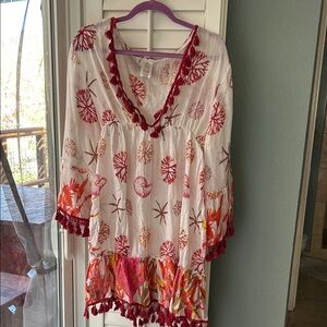 Boho White Tunic with Red & Orange Embroidery
